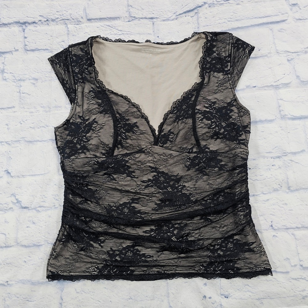 Abercrombie & Fitch Lace Top Womens M Black Tan Ruched Bra-Free Cap Sleeve
